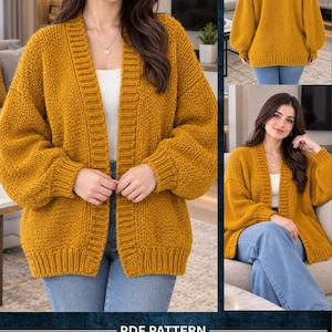 May include: A mustard yellow chunky knit cardigan featuring long sleeves with ribbed cuffs, a ribbed hem, and a wide ribbed front placket. The garment is shown from the front and back. The text reads PDF PATTERN, STEP BY STEP INSTRUCTION, EASY INSTRUCTIONS, INSTANT DOWNLOAD.