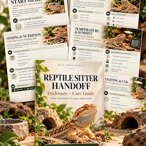 May include: A Reptile Sitter Handoff Enclosure and Care Guide PDF with 16 pages in US Letter size. The cover features a bearded dragon on a rock, with additional pages titled Start Here, Handoff Snapshot, Feeding and Nutrition, and Lighting and UVB.