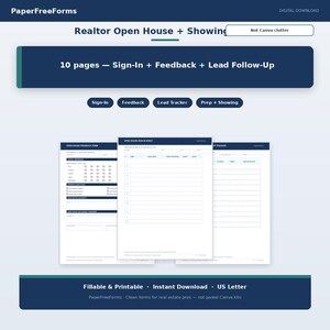 May include: A digital download set of 10 realtor open house and showing forms. The dark blue and white documents include a sign-in sheet, feedback form, lead tracker, and prep checklist. Text includes PaperFreeForms, 10 pages, and US Letter.