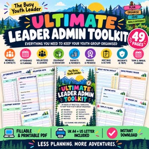 May include: A digital toolkit titled The Busy Youth Leader Ultimate Leader Admin Toolkit, featuring 49 pages of printable templates for youth groups. Includes sections for members, attendance, volunteers, equipment, budgets, and planning.
