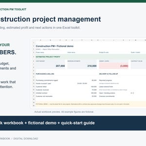 May include: A digital construction project management Excel toolkit featuring a spreadsheet preview with columns for project setup, action items, budget, and cost. The interface displays estimated project profit, purchasing, billing, and delivery tracking data.