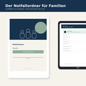 Może przedstawiać: Cyfrowy segregator awaryjny dla rodzin z ciemnoniebieskim nagłówkiem i białym tekstem Der Notfallordner für Familien, Ausfüllbar am Computer + Druckversionen A4 & A5. Dokument zawiera stronę tytułową z trzema białymi konturami postaci oraz stronę wewnętrzną z liniami do wprowadzania danych.
