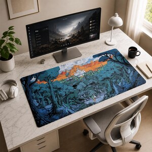May include: A rectangular desk mat featuring a detailed illustration of a fantasy landscape with deep blue forests, orange rocky cliffs, and a white castle in the distance. The artwork displays a vibrant color palette and intricate line work.
