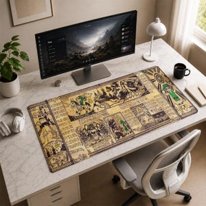 May include: A rectangular desk mat featuring a beige background with dark brown illustrations depicting a fantasy landscape, a character on horseback, a castle, and various symbols, including a central golden triangle motif and stylized text.