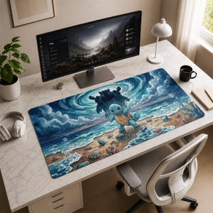 Puede incluir: Una alfombrilla de escritorio rectangular con una vibrante ilustración de una criatura azul claro similar a una tortuga en una playa de arena. Detrás, una gran criatura azul oscuro se alza bajo un cielo arremolinado. Incluye olas y corales.