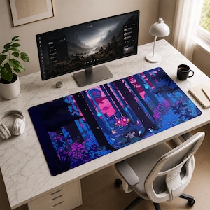 May include: A rectangular desk mat featuring a vibrant digital illustration of a dark forest at night with neon pink and blue foliage, a glowing moon, and a central mask with spikes, all set against a deep navy blue background.
