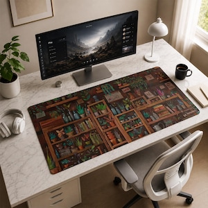 May include: A rectangular desk mat featuring a detailed illustration of wooden shelves filled with various potted plants, books, and small decorative items. The design displays a dark, earthy color palette with numerous green plants.