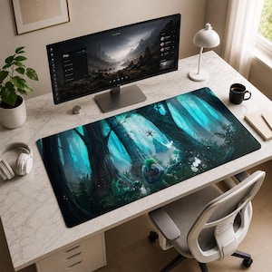May include: A rectangular desk mat featuring a vibrant digital illustration of a forest scene with tall dark trees, glowing teal light, and a small character holding a shield. The mat is positioned on a white desk with a computer monitor and headphones.