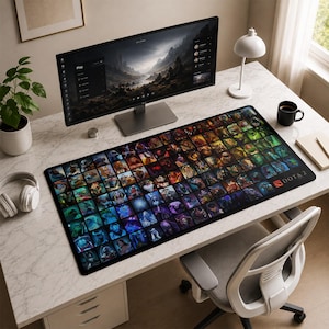 Könnte beinhalten: Eine rechteckige Schreibtischunterlage mit einem Raster aus zahlreichen farbenfrohen Charakterporträts aus dem Videospiel Dota 2. Die Unterlage hat einen schwarzen Rand und das Dota 2-Logo ist unten rechts auf der Oberfläche aufgedruckt.