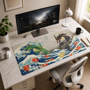 May include: A rectangular desk mat featuring a Japanese-style woodblock print illustration of a green dragon and a black dragon emerging from stylized blue ocean waves, surrounded by several small orange fish, set on a white marble desk surface.