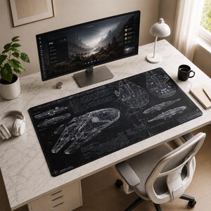 Puede incluir: Una alfombrilla de escritorio rectangular grande que presenta un plano técnico blanco detallado del carguero ligero Corellian YT-1300 sobre un fondo negro. El diseño incluye múltiples vistas esquemáticas de la nave espacial con etiquetas de texto técnico.