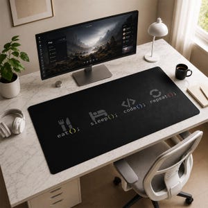 May include: A large black rectangular desk mat featuring a white graphic print with the text eat(), sleep(), code(), and repeat() accompanied by corresponding icons of cutlery, a bed, code brackets, and a circular arrow symbol on a desk.
