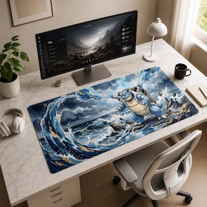 May include: A rectangular desk mat featuring a watercolor-style illustration of a blue, turtle-like creature with cannons on its back, spraying water into a turbulent ocean with dark, stormy clouds and rocky shorelines in shades of blue and gold.