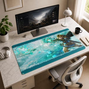 May include: A rectangular desk mat featuring a vibrant illustration of a character with blonde hair and blue clothing, surrounded by swirling teal and white energy effects. The design includes intricate white border patterns on a deep teal background.