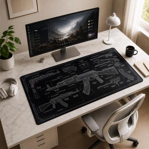 AK-47 Mouse Pad Blueprint - FPS Shooter Desk Mat, Large Gaming Mousepad
