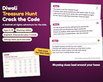 Diwali Treasure Hunt for Kids, Printable Festival of Lights Scavenger Hunt with Rhyming Clues and Code Math