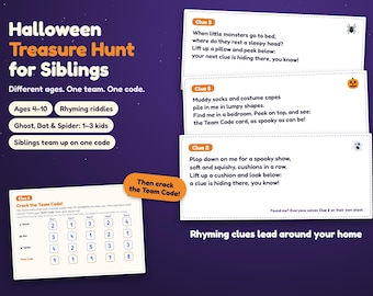 Halloween Treasure Hunt for Siblings, Printable Team Math Game for Kids 4-10, Rhyming Riddle Clues