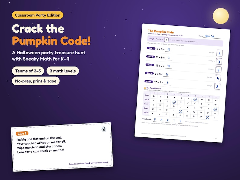 ハロウィン教室パーティーゲーム、幼稚園から4年生までの算数宝探し、秘密のコード付き印刷可能なチーム宝探し 画像 1