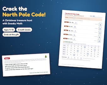 Weihnachtliche Schatzsuche mit Mathe-Elementen für Kinder von 4-10 Jahren, ausdruckbare Rätsel für die Weihnachtsmorgen-Schnitzeljagd, Spiel zur Enthüllung geheimer Geschenke
