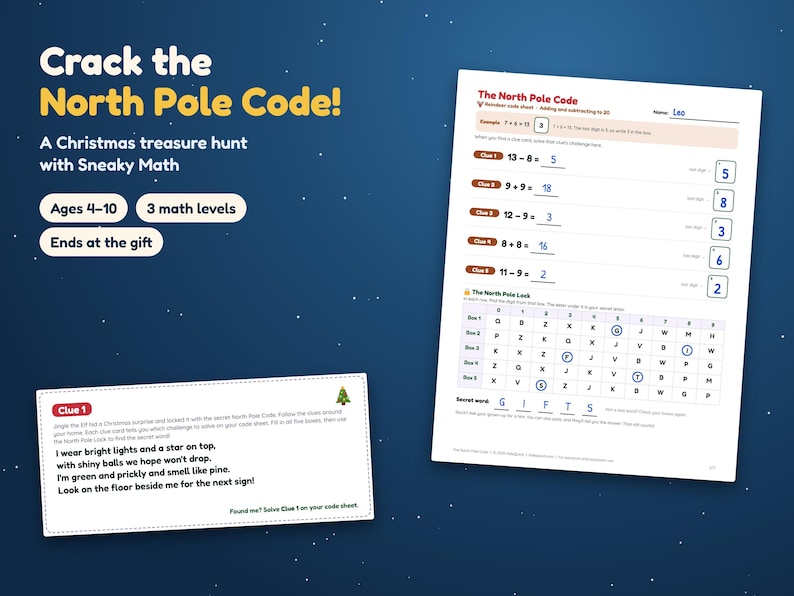 Christmas Treasure Hunt with Math for Kids 4-10, Printable Christmas Morning Scavenger Hunt Riddles, Secret Code Gift Reveal Game image 1
