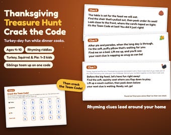 Thanksgiving Scavenger Hunt for Kids, Printable Treasure Hunt with Rhyming Clues and Crack the Code Math