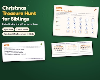 クリスマスの朝の宝探しヒント、兄弟姉妹向けの印刷可能なチームコードゲーム、プレゼント探しのなぞなぞ、4～10歳向け