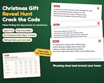 Christmas Present Scavenger Hunt for Kids, Printable Gift Reveal with Crack the Code Clues