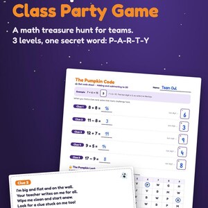ハロウィン教室パーティーゲーム、幼稚園から4年生までの算数宝探し、秘密のコード付き印刷可能なチーム宝探し 画像 6
