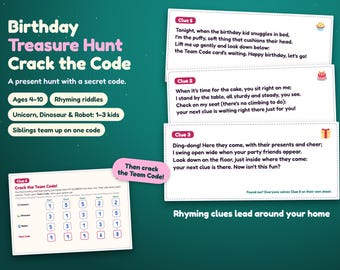 Birthday Treasure Hunt for Kids, Printable Present Reveal with Rhyming Clues and Code Puzzles