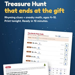 Christmas Treasure Hunt with Math for Kids 4-10, Printable Christmas Morning Scavenger Hunt Riddles, Secret Code Gift Reveal Game image 6