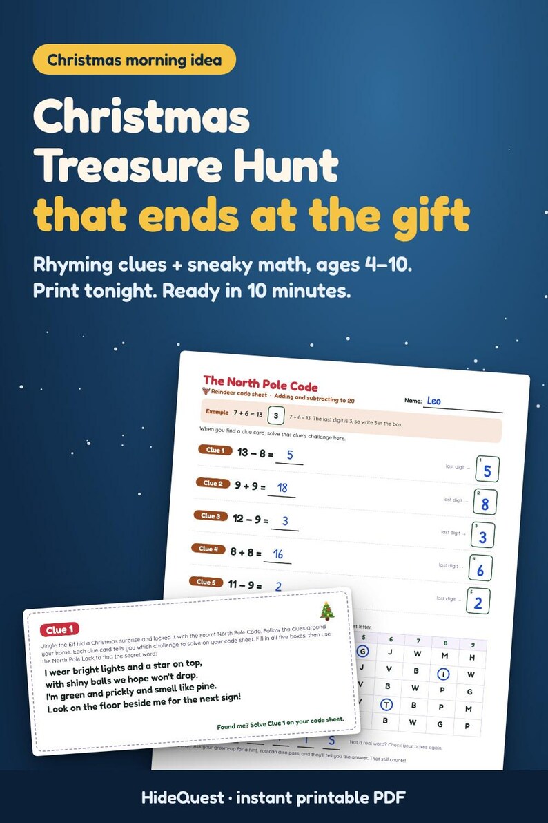 Christmas Treasure Hunt with Math for Kids 4-10, Printable Christmas Morning Scavenger Hunt Riddles, Secret Code Gift Reveal Game image 6