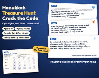 Hanukkah Treasure Hunt for Kids, Printable Indoor Scavenger Hunt with Rhyming Clues and Code Math