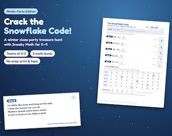 冬のクラスパーティーゲーム、幼稚園から4年生までの算数宝探し、秘密のコード付き印刷可能なチーム宝探し