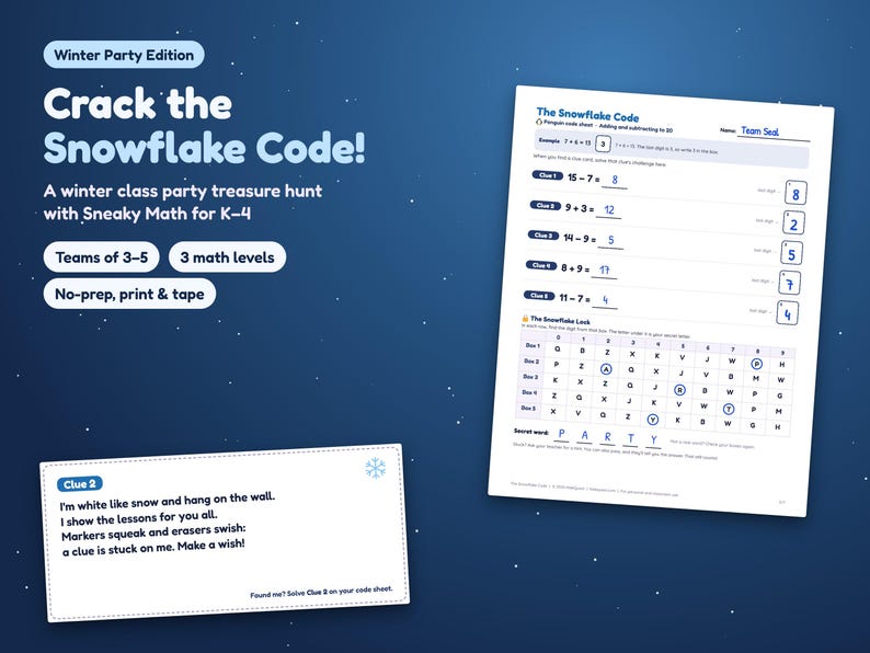 Winterliches Klassenspiel, Mathe-Schatzsuche für Kindergarten bis 4. Klasse, druckbare Team-Schnitzeljagd mit Geheimcode Bild 1