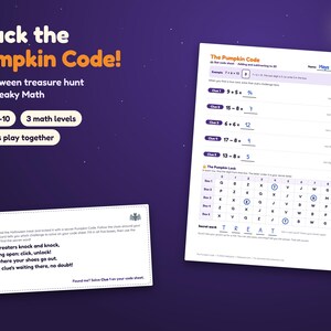 Poszukiwanie skarbów na Halloween z matematyką dla dzieci w wieku 4-10 lat, zagadki do druku, gra w tajne kody zdjęcie 1