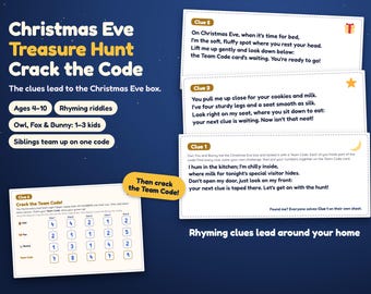 Christmas Eve Scavenger Hunt for Kids, Printable Eve Box Reveal with Crack the Code Clues
