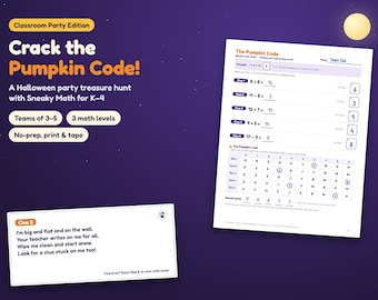 Halloween Classroom Party Game, Math Treasure Hunt for Kindergarten to 4th Grade, Printable Team Scavenger Hunt with Secret Code
