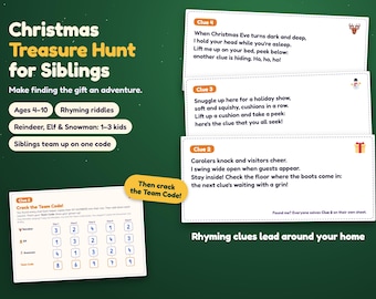 Christmas Morning Treasure Hunt Clues, Printable Team Code Game for Siblings, Find the Gift Riddles, Kids 4-10