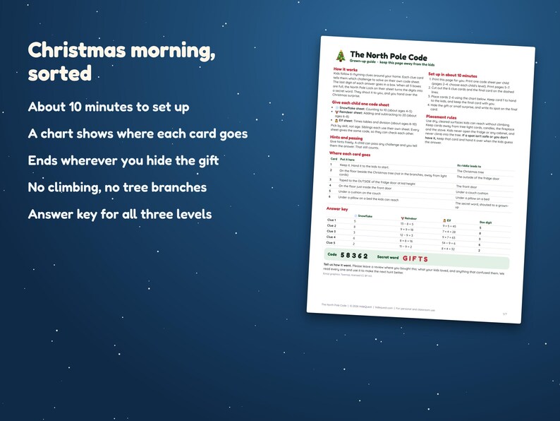 Christmas Treasure Hunt with Math for Kids 4-10, Printable Christmas Morning Scavenger Hunt Riddles, Secret Code Gift Reveal Game image 5