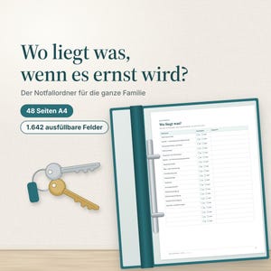 Dossier d'urgence pour les familles, PDF en allemand, à remplir, 48 pages A4, imprimable, pour la santé, les finances, les précautions et le domicile