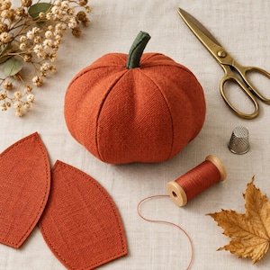 May include: A round, orange fabric pumpkin pincushion with a dark green stem, accompanied by two matching orange fabric leaf cutouts, a wooden spool of orange thread, a metal thimble, and a pair of brass-toned sewing scissors.