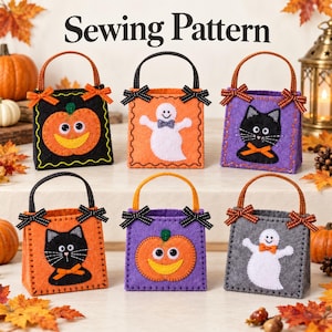 May include: Six felt treat bags with the text Sewing Pattern above them. The bags feature Halloween designs including pumpkins, ghosts, and black cats in orange, black, purple, and gray colors, each with a handle and two small decorative bows.