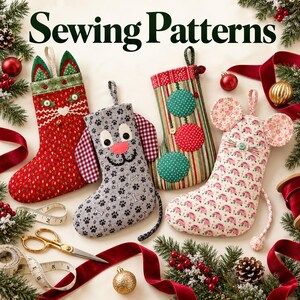 May include: Four fabric Christmas stockings featuring animal and ornament designs, including a red cat, a grey dog with paw prints, a striped stocking with green and red circles, and a floral mouse. Includes sewing scissors and a measuring tape.