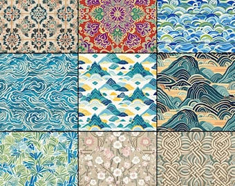 Puede incluir: Un collage de nueve cuadrados con diferentes patrones. Los patrones incluyen diseños florales, geométricos y de ondas en tonos de azul, verde, amarillo, rojo y blanco.
