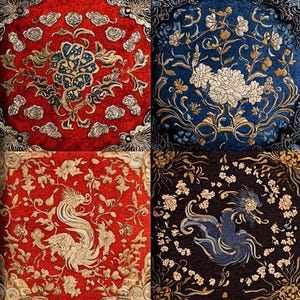May include: A square patchwork quilt with four different designs. Each square features a different floral pattern in shades of red, blue, gold, and black. The designs include a large floral motif, a smaller floral motif, and two phoenix birds.