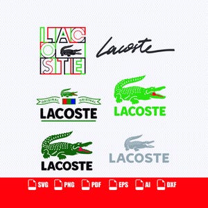 May include: A collection of Lacoste brand logos featuring various crocodile icons and typography. The designs include a grid-style text layout, a script signature, and multiple versions of the crocodile emblem in green, black, and grey color schemes.