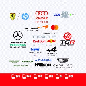 Op de afbeelding: Een verzameling Formule 1-teamlogo's waaronder Ferrari, HP, Audi, Visa, Cash App, McLaren, Oracle Red Bull Racing, Haas, Alpine, Aston Martin, Aramco, Atlassian, Williams en Cadillac. De bestandsformaten SVG, PNG, PDF, EPS, AI en DXF staan vermeld.