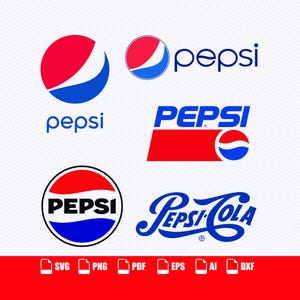 May include: A collection of six Pepsi logos in various historical and modern designs, featuring the iconic red, white, and blue circular emblem and the brand name in different fonts. The bottom of the image lists file formats SVG, PNG, PDF, EPS, AI, and DXF.