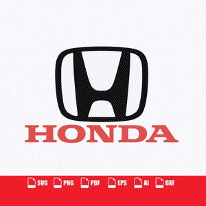 Puede incluir: Un logotipo negro de Honda con el emblema H estilizado con un sutil patrón de espiga, colocado sobre el texto rojo HONDA. Debajo del logotipo, una barra roja muestra iconos blancos para los formatos de archivo SVG, PNG, PDF, EPS, AI y DXF.