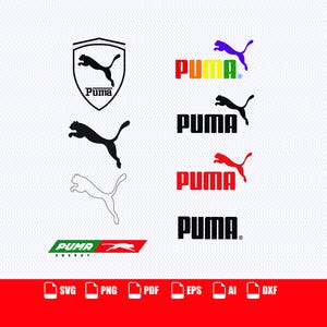 May include: A collection of Puma brand logos including the leaping cat icon in various styles, such as a shield emblem, solid black, outline, and multi-colored text. The image also features the Puma Energy logo and file format icons SVG, PNG, PDF, EPS, AI, and DXF.